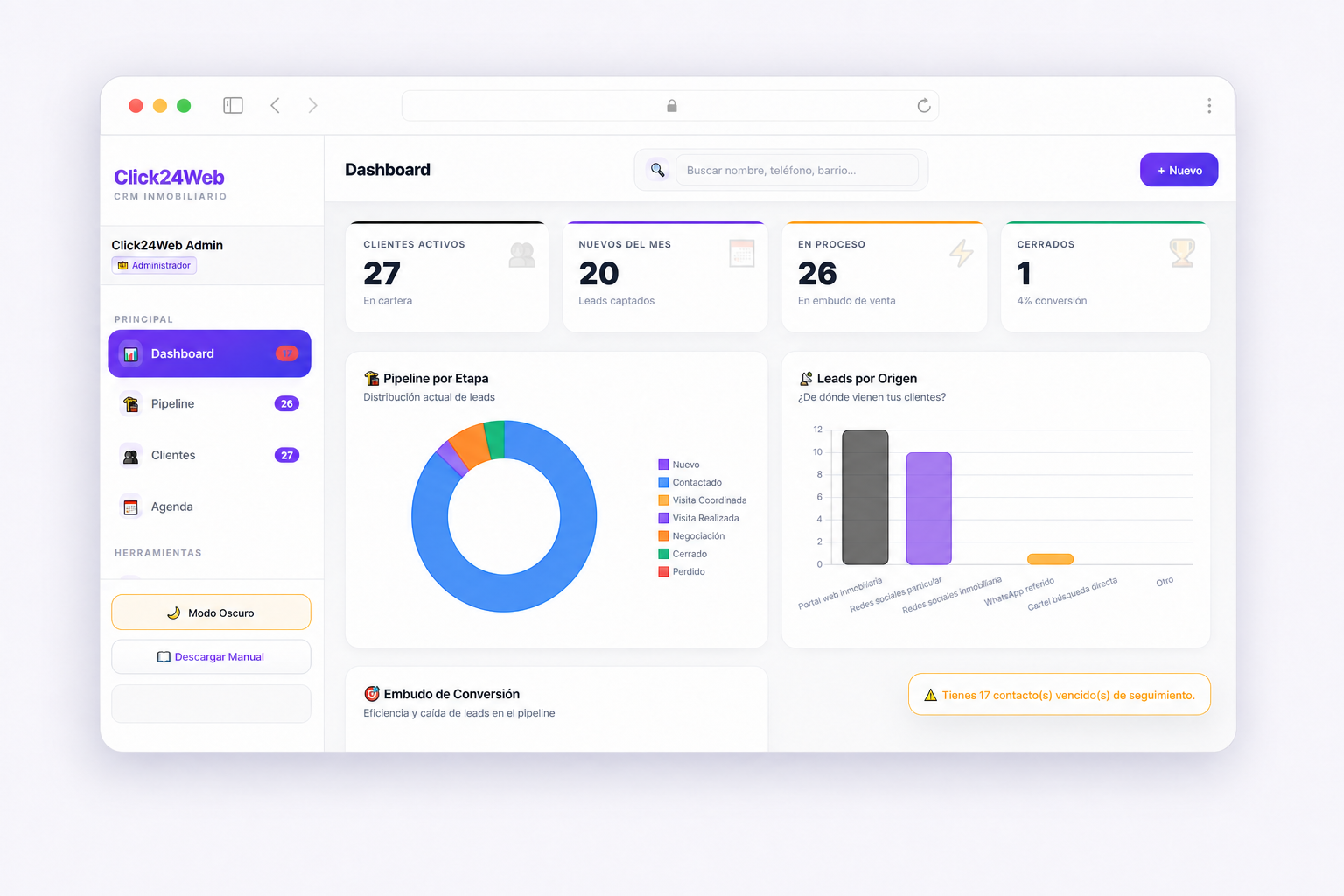 Preview del CRM de Click24Web sin acceso publico